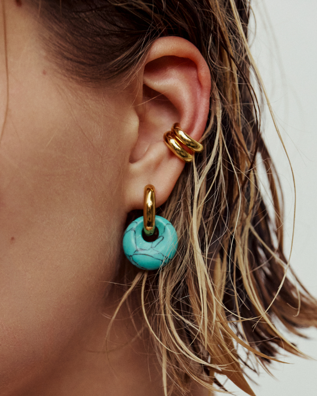 Turquoise Doughnut Hoops - Gold