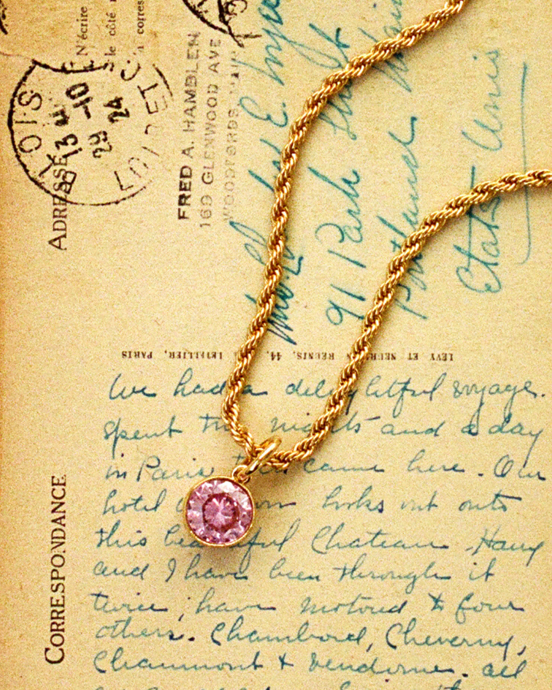 Pink Crystal Clear Necklace - Gold