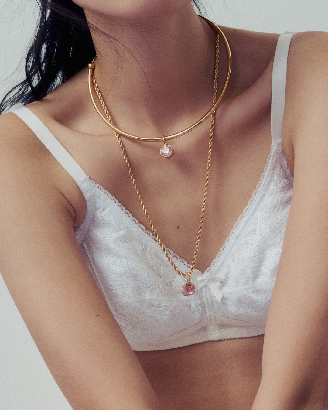 Pink Crystal Clear Choker - Gold